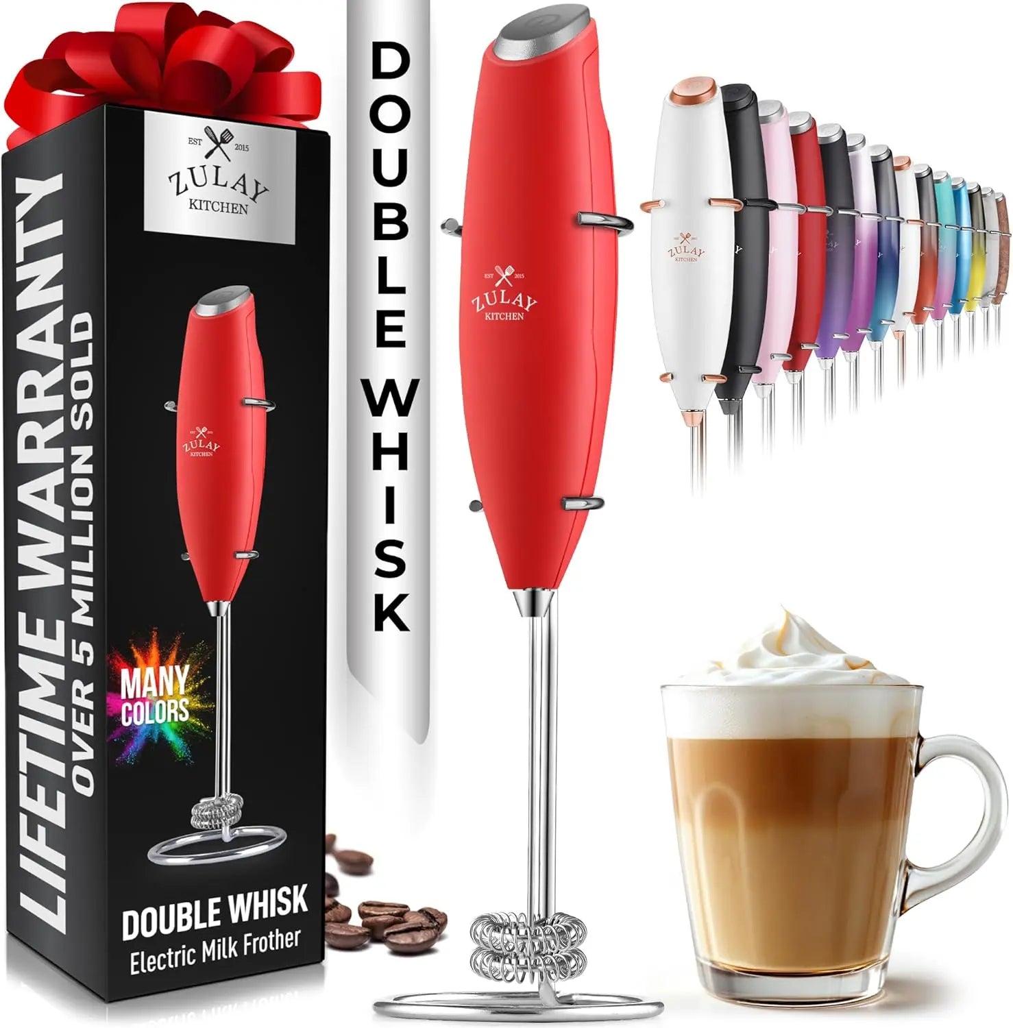 Zulay handheld milk frother in silver, featuring a titanium motor for frothing coffee, lattes, and matcha drinks.