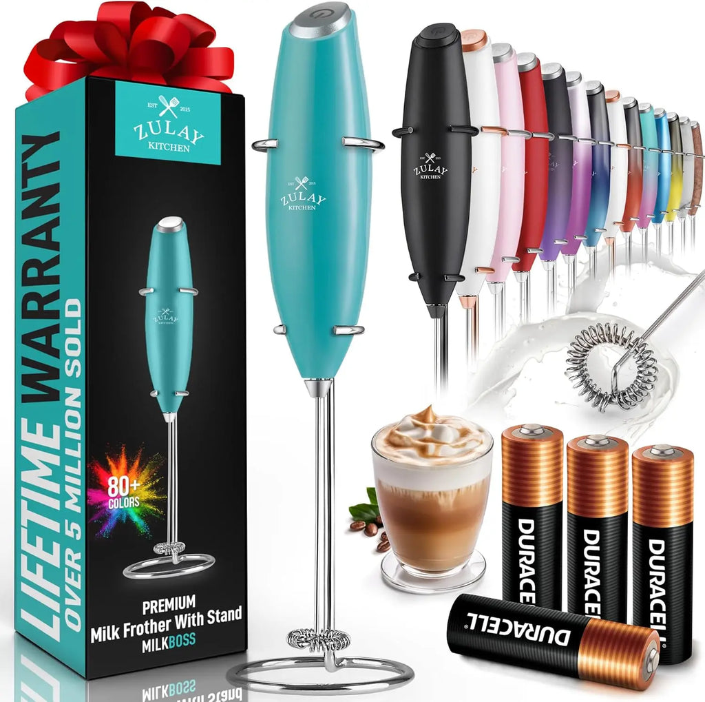 Zulay handheld milk frother in silver with upgraded titanium motor for frothing coffee, lattes, matcha, and more.
