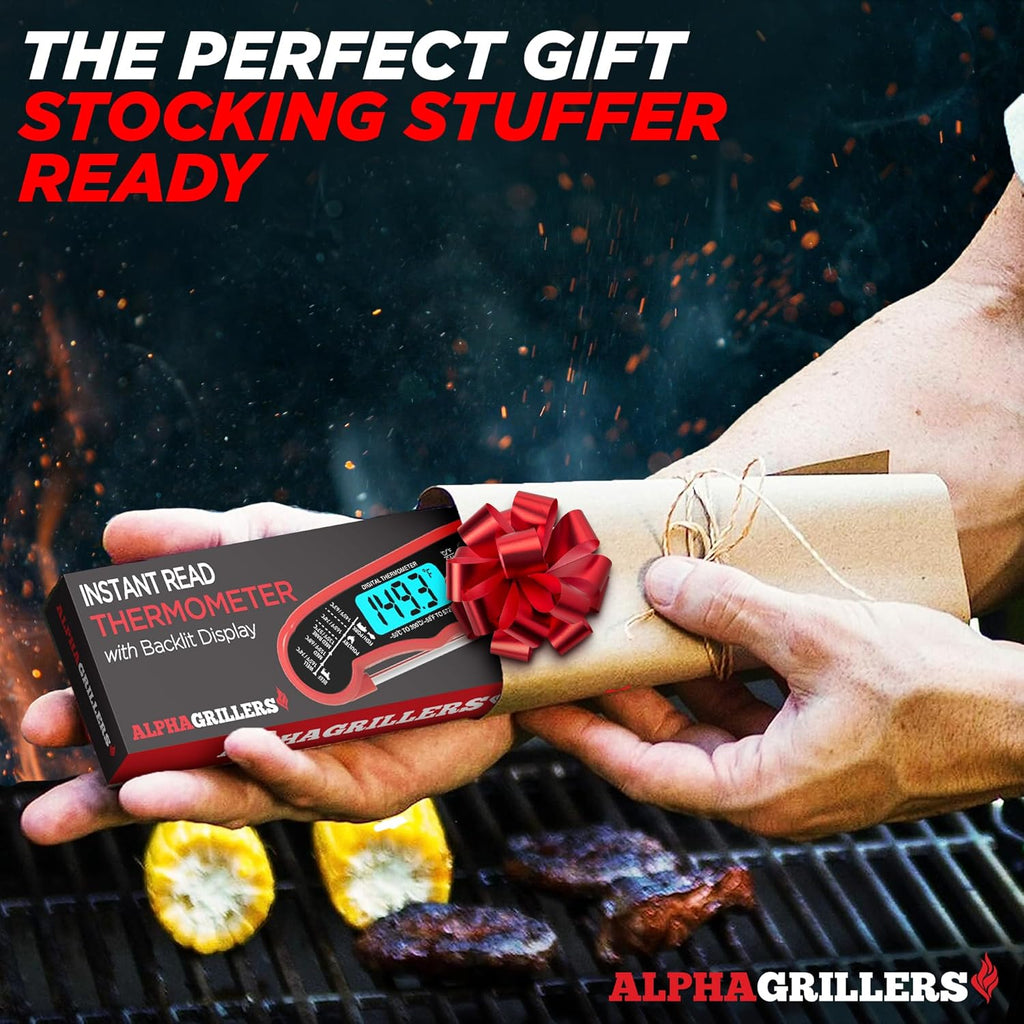 Digital Alpha Grillers meat thermometer displaying temperature reading, ideal for cooking and grilling.