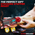 Digital Alpha Grillers meat thermometer displaying temperature reading, ideal for cooking and grilling.