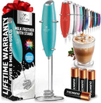 Zulay handheld milk frother in silver, featuring an upgraded titanium motor for blending coffee and frothing milk.