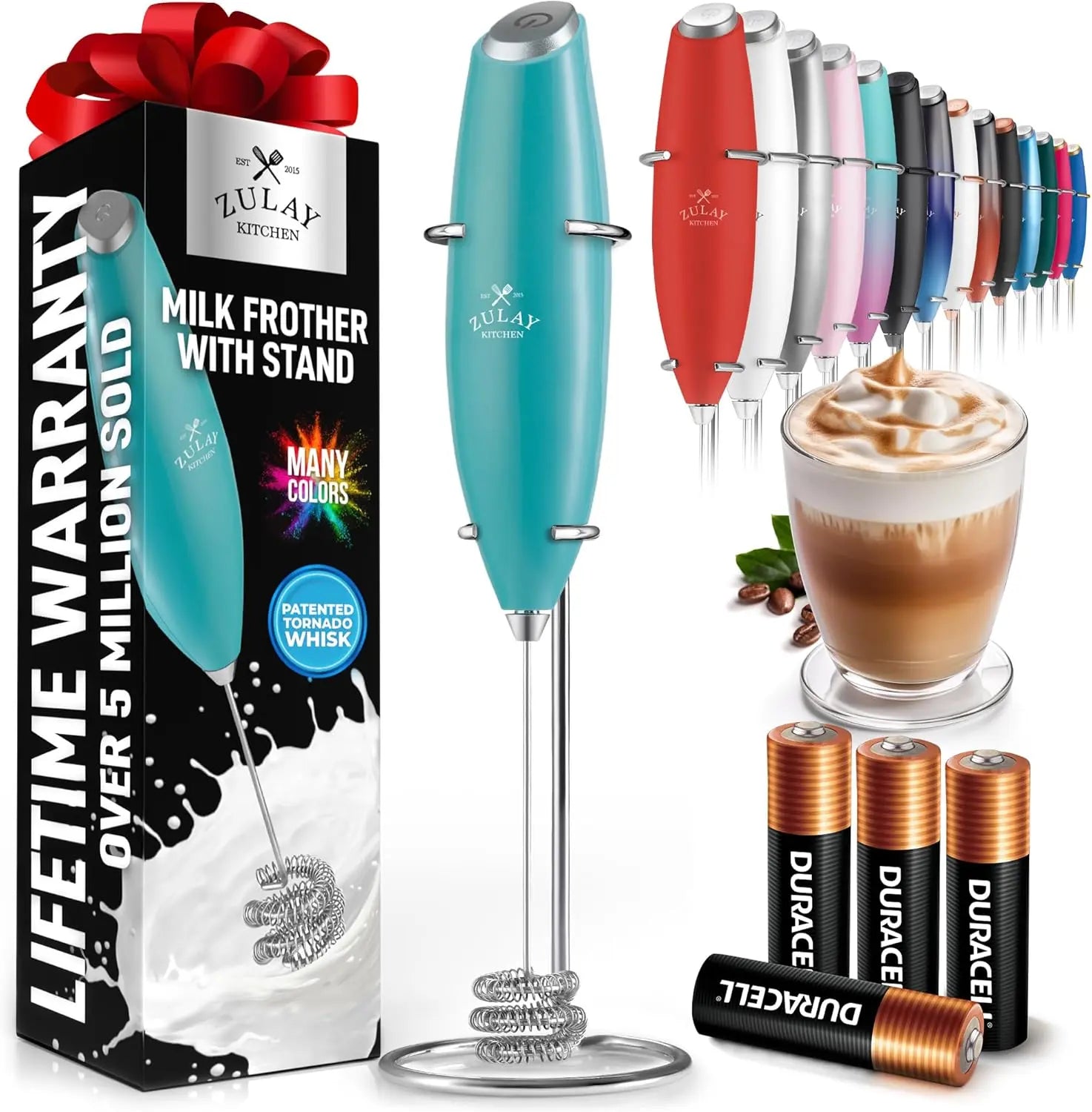 Zulay handheld milk frother in silver, featuring an upgraded titanium motor for blending coffee and frothing milk.