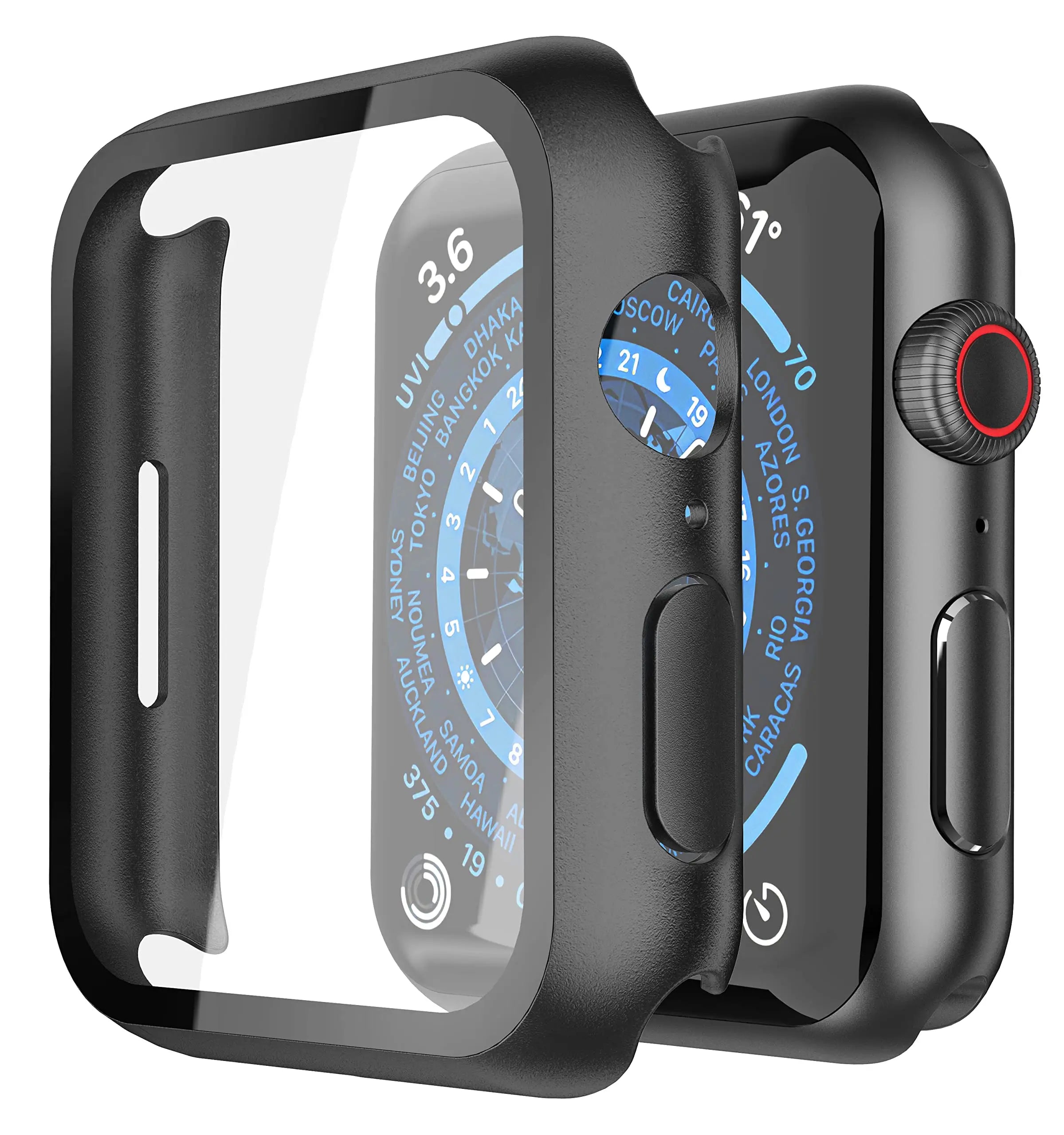 Misxi tempered glass case for Apple Watch Series 11 and 10, 46mm, black screen protector cover displayed on watch.