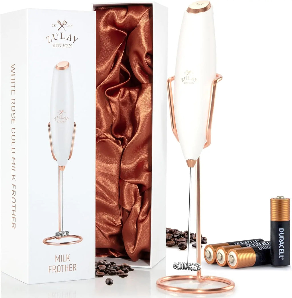 Zulay handheld milk frother in silver with upgraded titanium motor, perfect for lattes, matcha, and coffee blending.