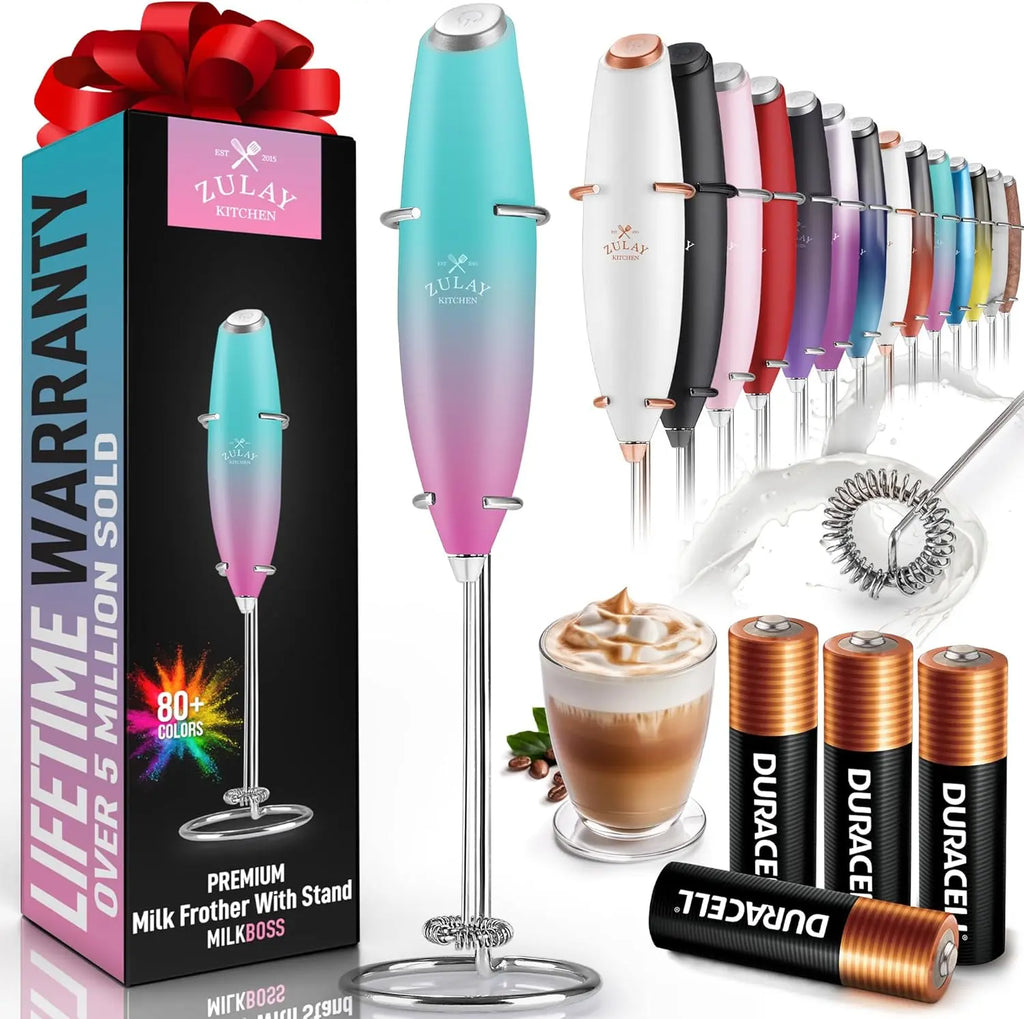 Zulay handheld milk frother in silver with titanium motor, ideal for lattes, matcha, and coffee blending.