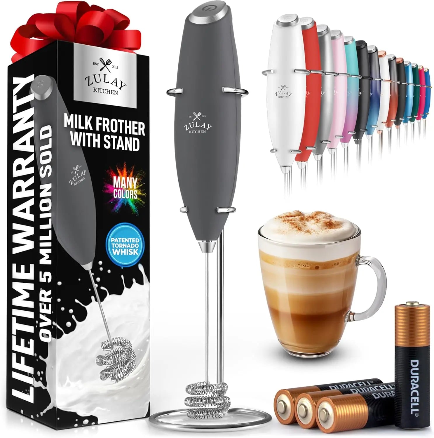 Zulay handheld milk frother in silver, featuring an upgraded titanium motor for frothing coffee and making lattes.