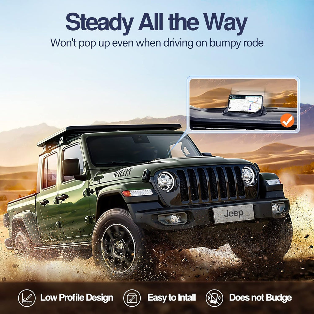 Black Loncaster car phone holder on a dashboard, designed for smartphones and GPS devices with a slip-free silicone mat.