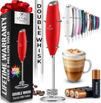 Zulay handheld milk frother in silver, featuring an upgraded titanium motor for making lattes, matcha, and frappes.