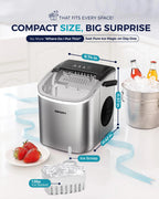 EUHOMY portable black ice maker machine with handle, producing 26lbs of ice in 24 hours, shown with basket and scoop.