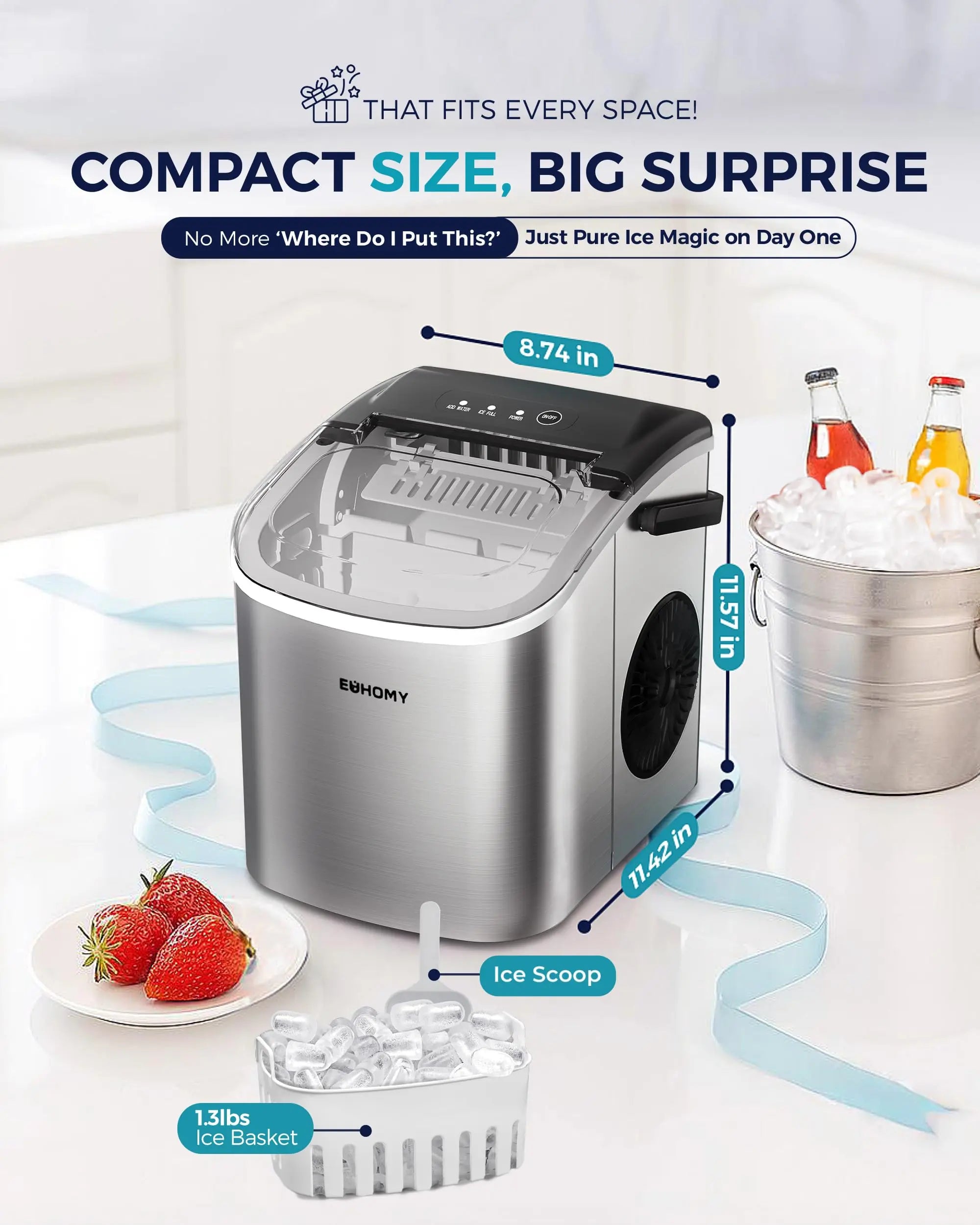 EUHOMY portable black ice maker machine with handle, producing 26lbs of ice in 24 hours, shown with basket and scoop.