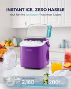 EUHOMY countertop ice maker in black with handle, producing 26lbs of ice daily, includes basket and scoop for easy use.