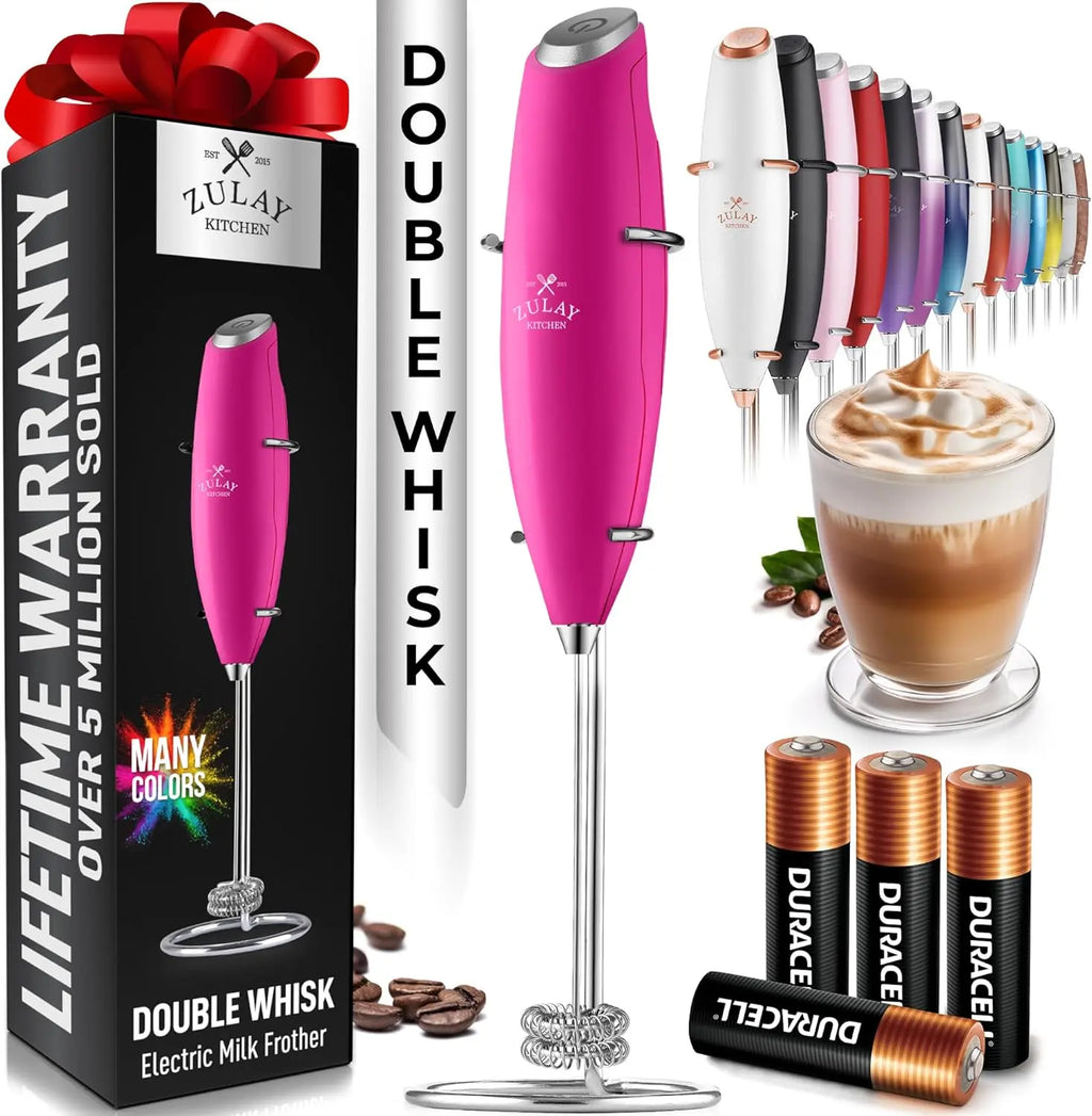 Handheld silver Zulay milk frother with upgraded titanium motor, ideal for lattes, matcha, and coffee blending.