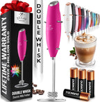 Handheld silver Zulay milk frother with upgraded titanium motor, ideal for lattes, matcha, and coffee blending.