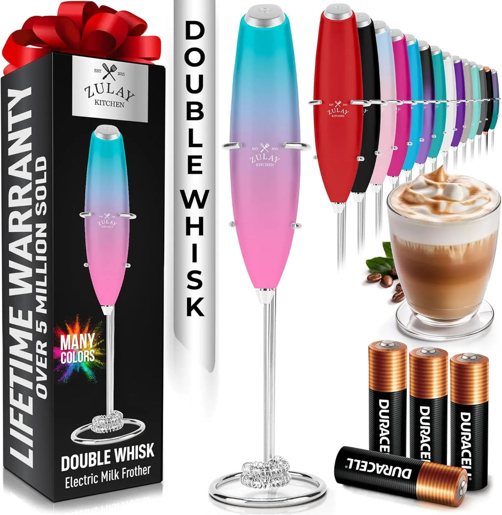 Zulay handheld milk frother in silver, featuring a titanium motor for blending coffee, lattes, and matcha.