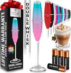 Zulay handheld milk frother in silver, featuring a titanium motor for blending coffee, lattes, and matcha.