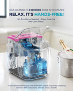 EUHOMY black countertop ice maker machine with handle, producing 26lbs of ice in 24 hours, shown with basket and scoop.