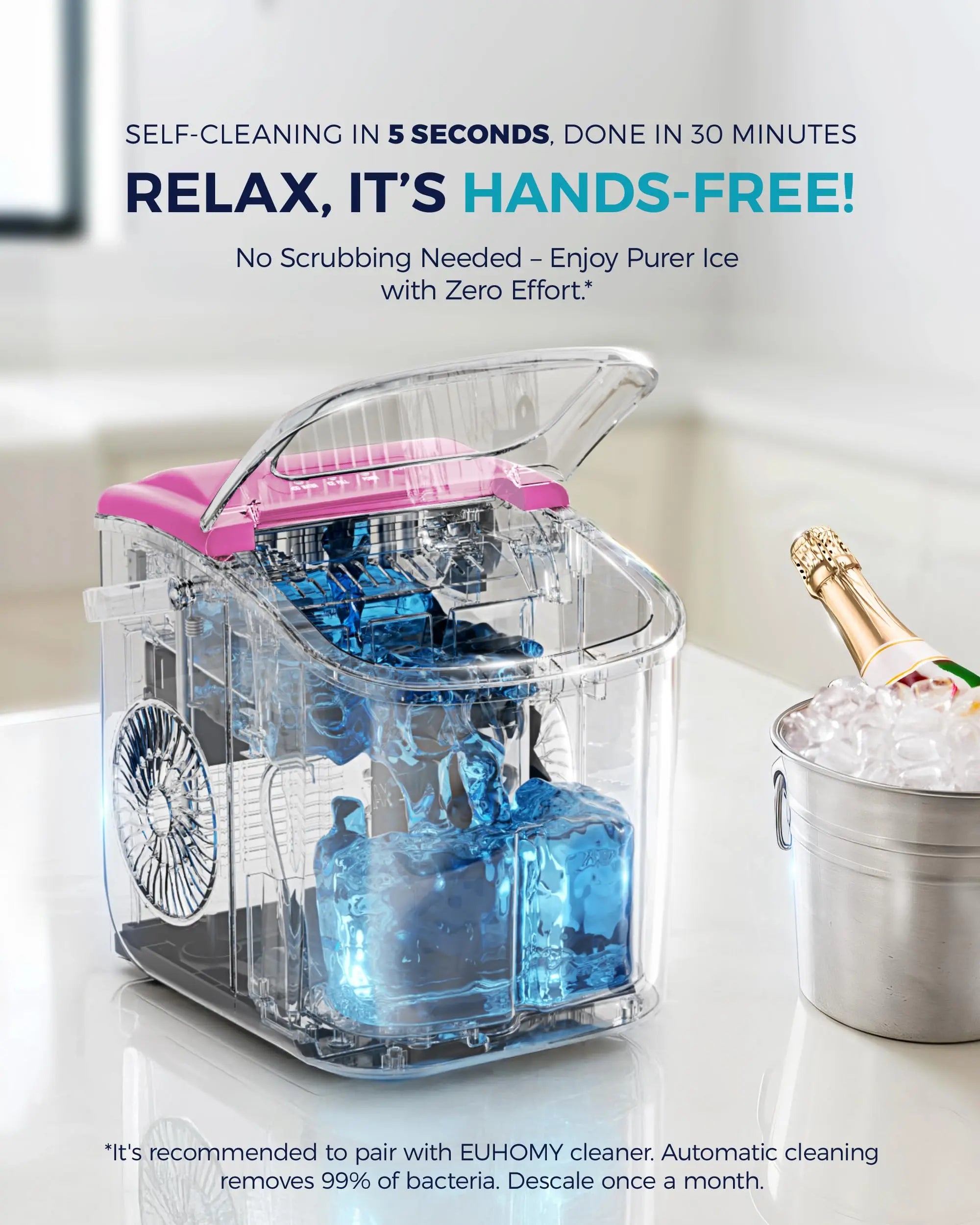 EUHOMY black countertop ice maker machine with handle, producing 26lbs of ice in 24 hours, shown with basket and scoop.