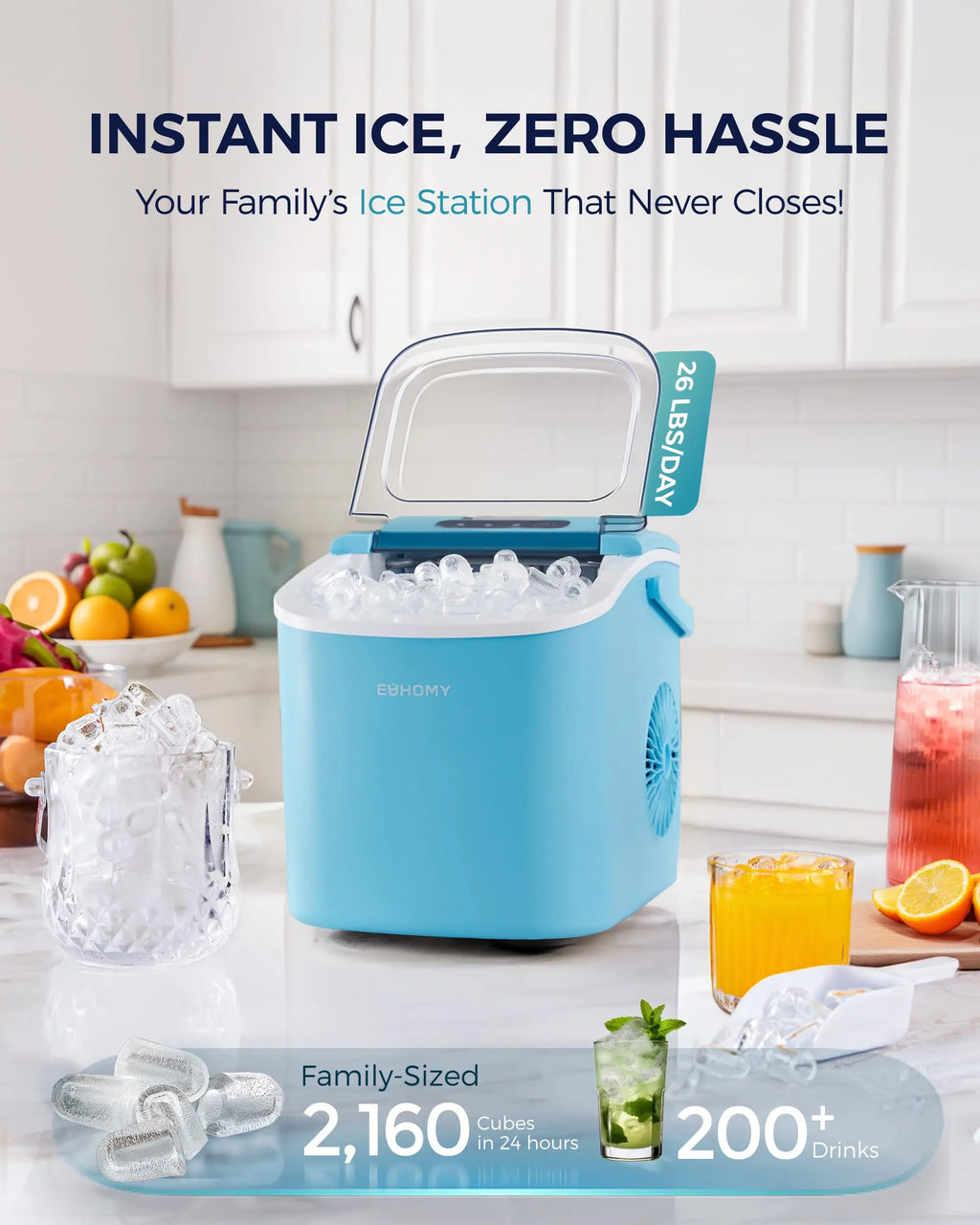 EUHOMY black countertop ice maker machine with handle, producing 26lbs of ice in 24 hours, includes basket and scoop.
