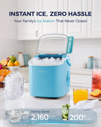 EUHOMY black countertop ice maker machine with handle, producing 26lbs of ice in 24 hours, includes basket and scoop.
