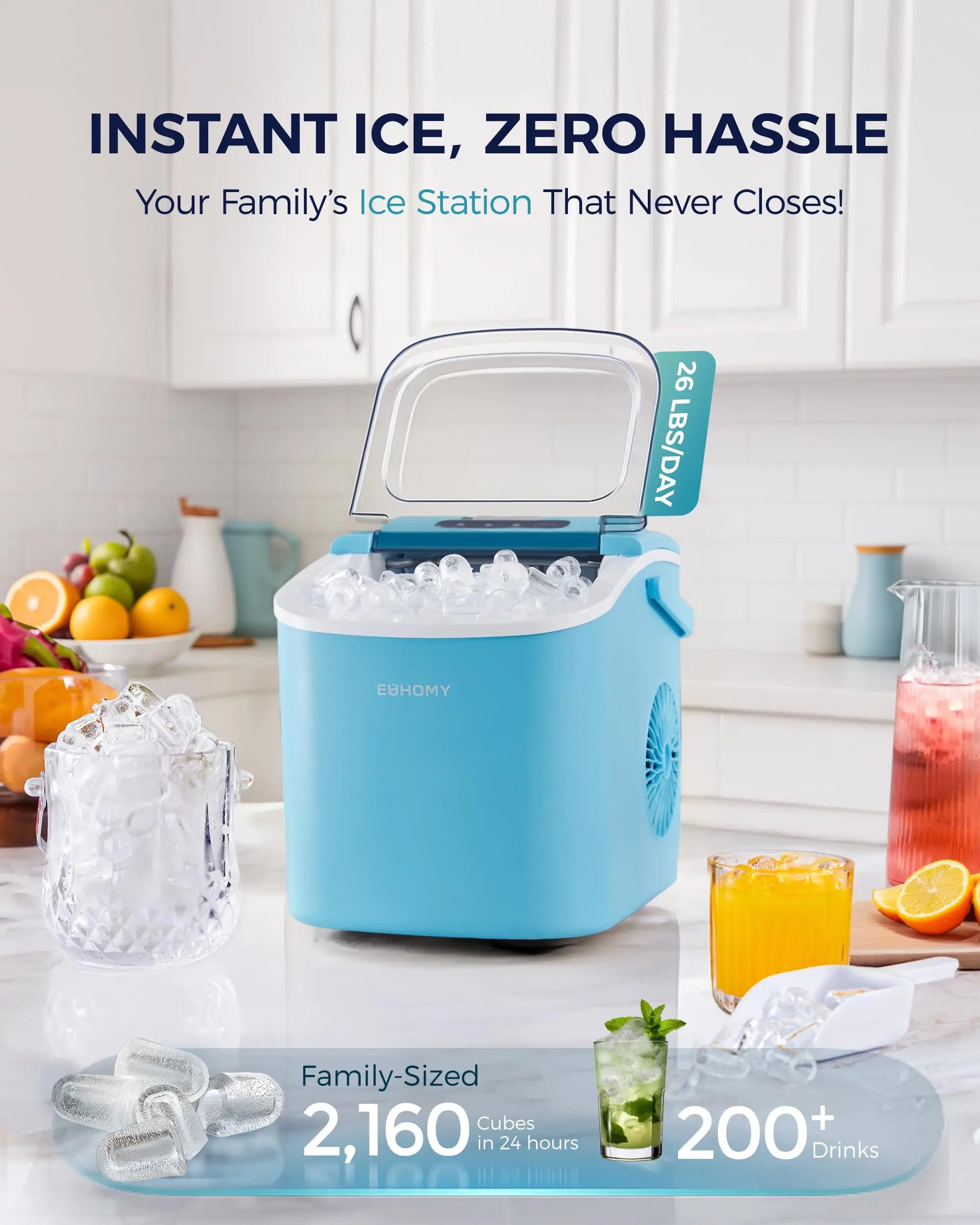 EUHOMY black countertop ice maker machine with handle, producing 26lbs of ice in 24 hours, includes basket and scoop.