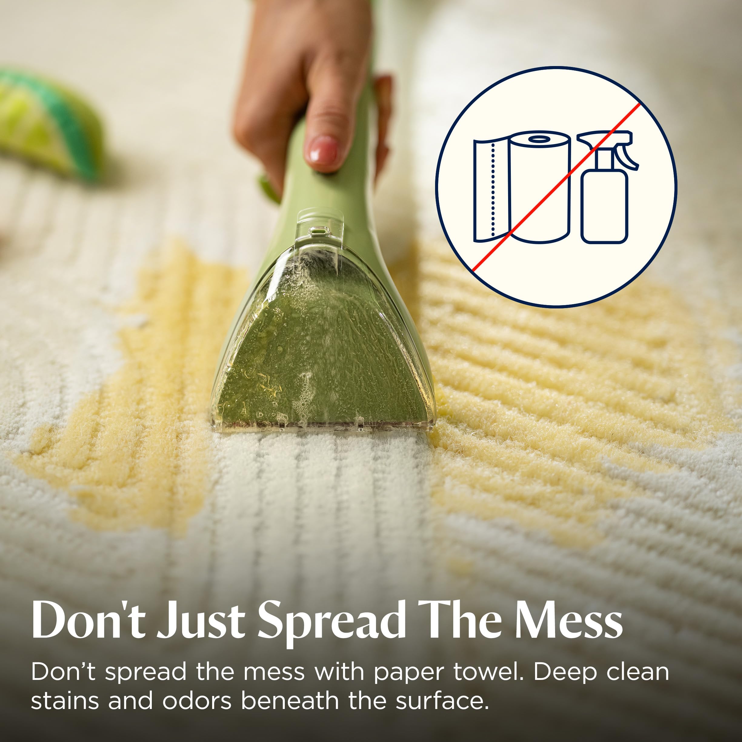 BISSELL Little Green Mini Portable Carpet Cleaner in tea green with HydroRinse tool and 4" Tough Stain Tool for auto detailing.