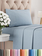 CGK Unlimited white 4 piece queen sheet set with deep pockets, soft fabric, and wrinkle-free design on a bed.