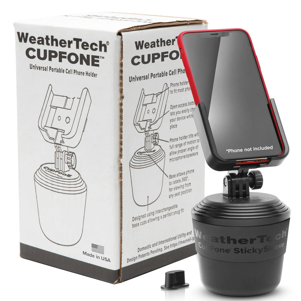 WeatherTech CupFone car phone mount in black, fitting securely in a cup holder with adjustable knobs for iPhone and Android.