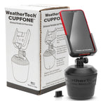 WeatherTech CupFone car phone mount in black, fitting securely in a cup holder with adjustable knobs for iPhone and Android.