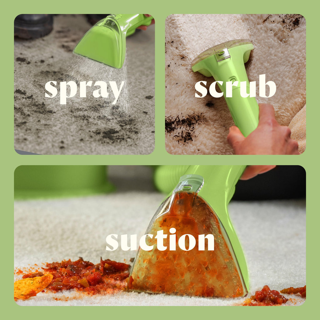 BISSELL Little Green Mini Portable Deep Cleaner in Tea Green with HydroRinse tool and 4" Tough Stain Tool for upholstery.