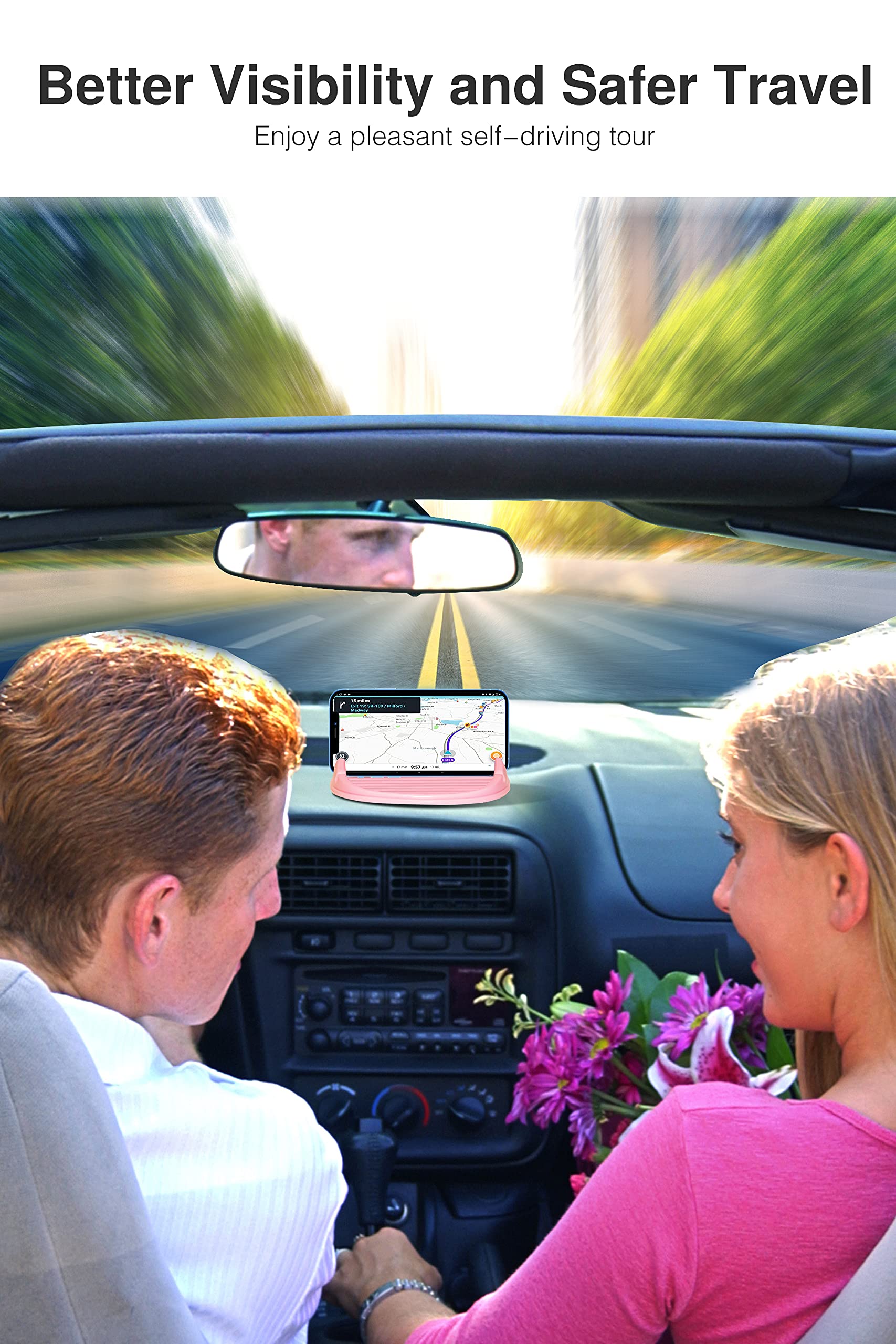 Black Loncaster car phone holder on a dashboard, securely holding an iPhone and GPS device in a slip-free silicone pad.