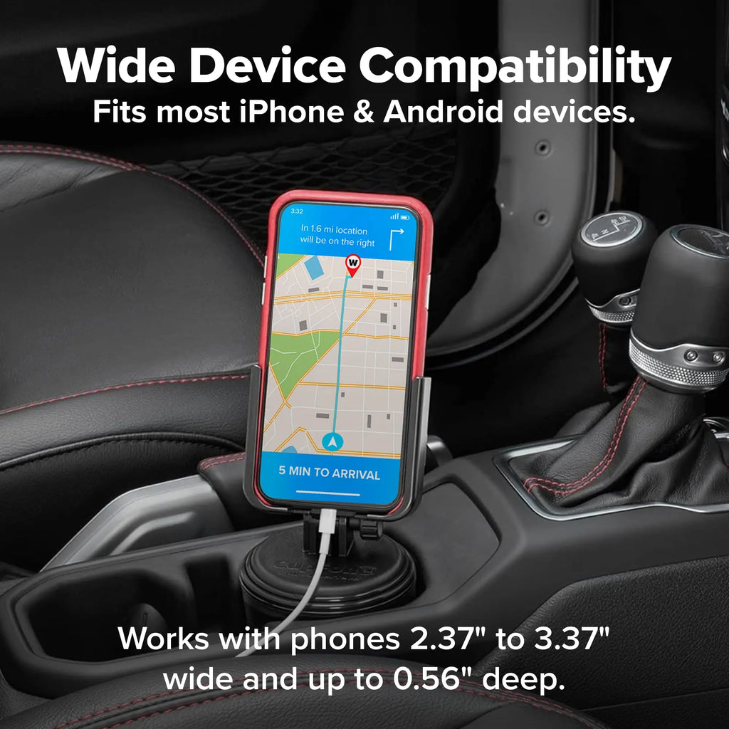 WeatherTech CupFone phone mount in black, securely fits in car cup holder, adjustable for iPhone and Android devices.