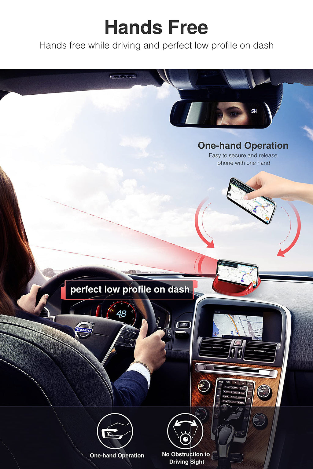 Black Loncaster car phone holder with silicone pad, designed for dashboards, compatible with iPhone, Samsung, and GPS devices.