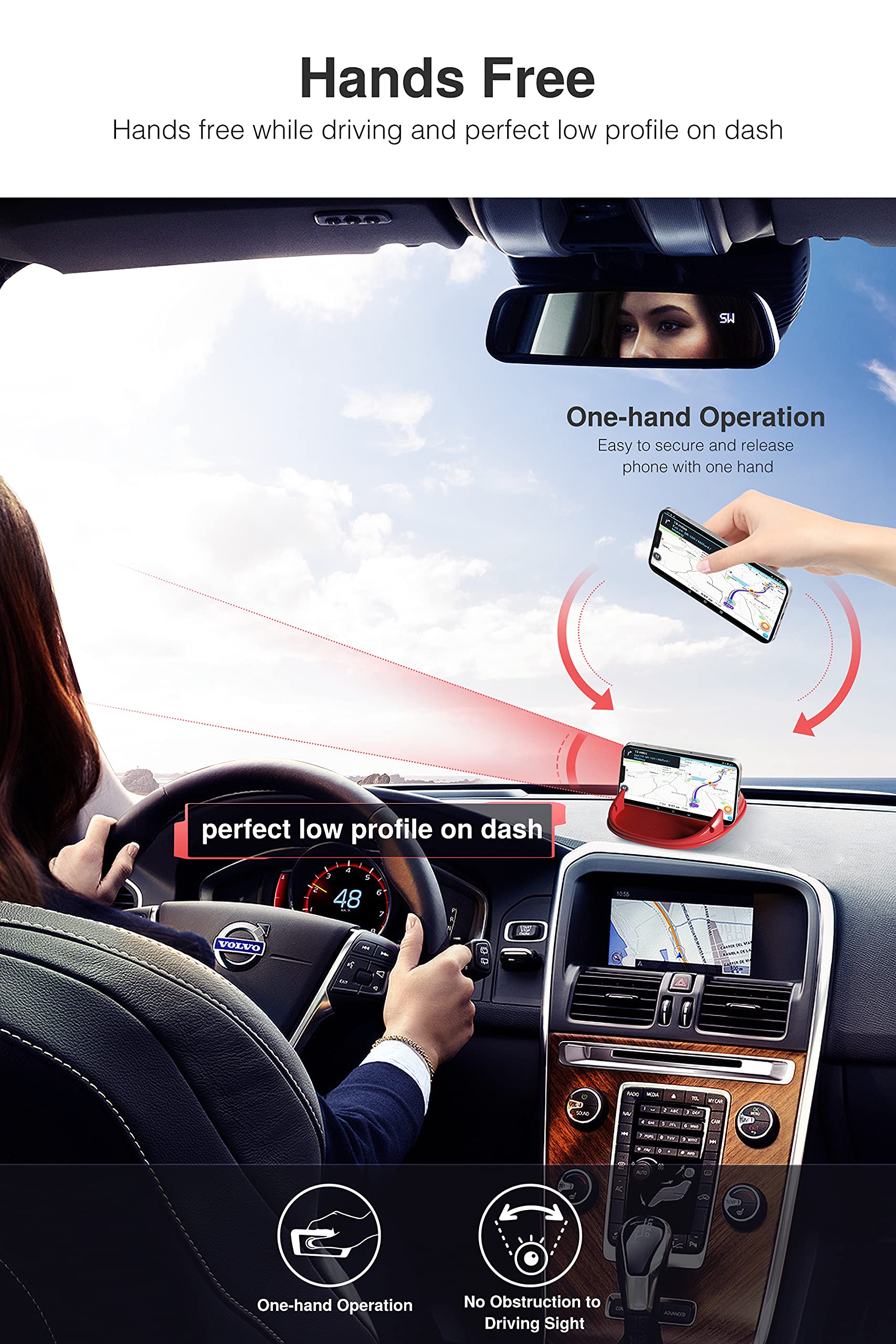 Black Loncaster car phone holder with silicone pad, designed for dashboards, compatible with iPhone, Samsung, and GPS devices.