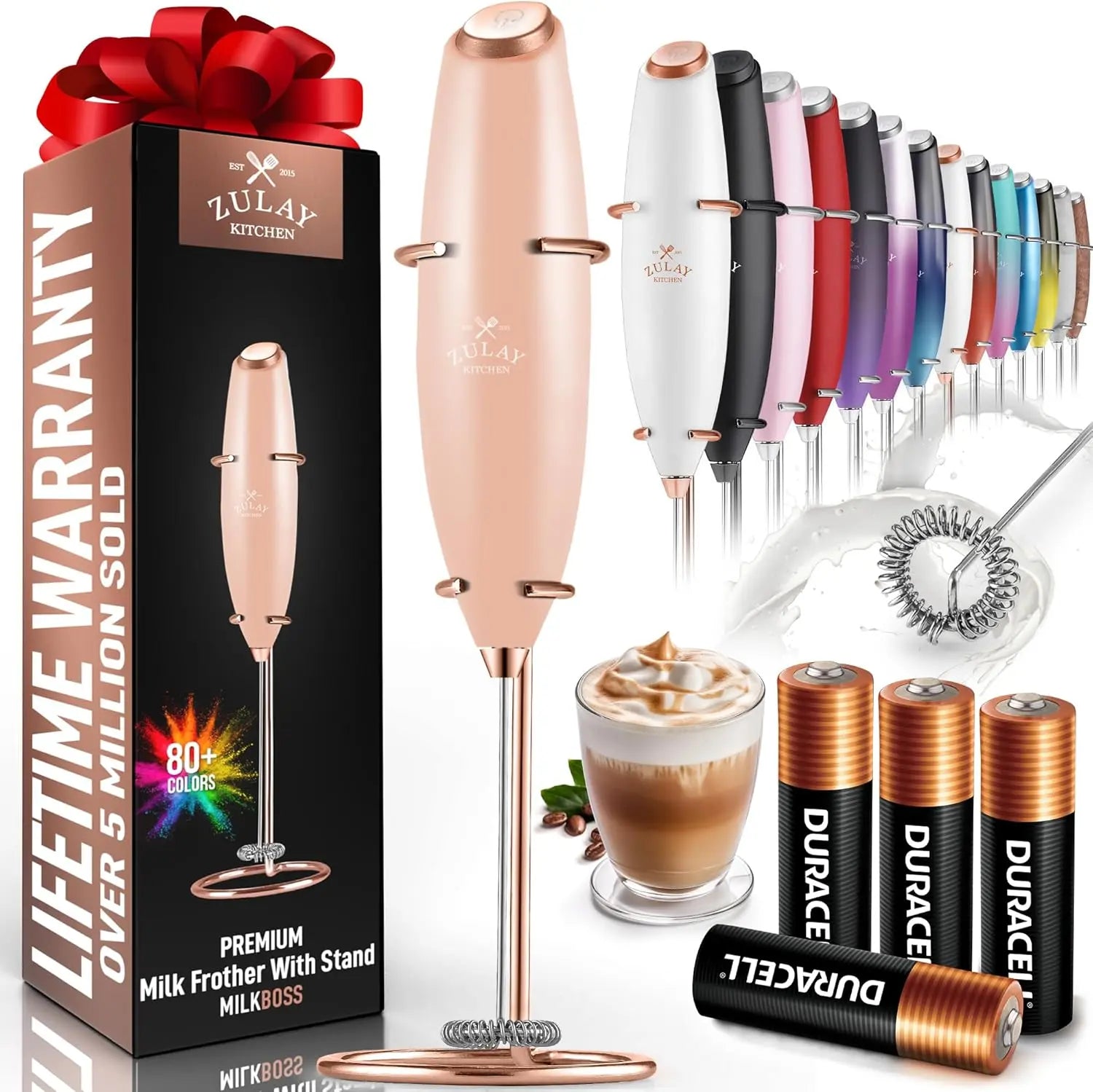 Zulay handheld milk frother in silver, featuring an upgraded titanium motor for frothing coffee and making lattes.