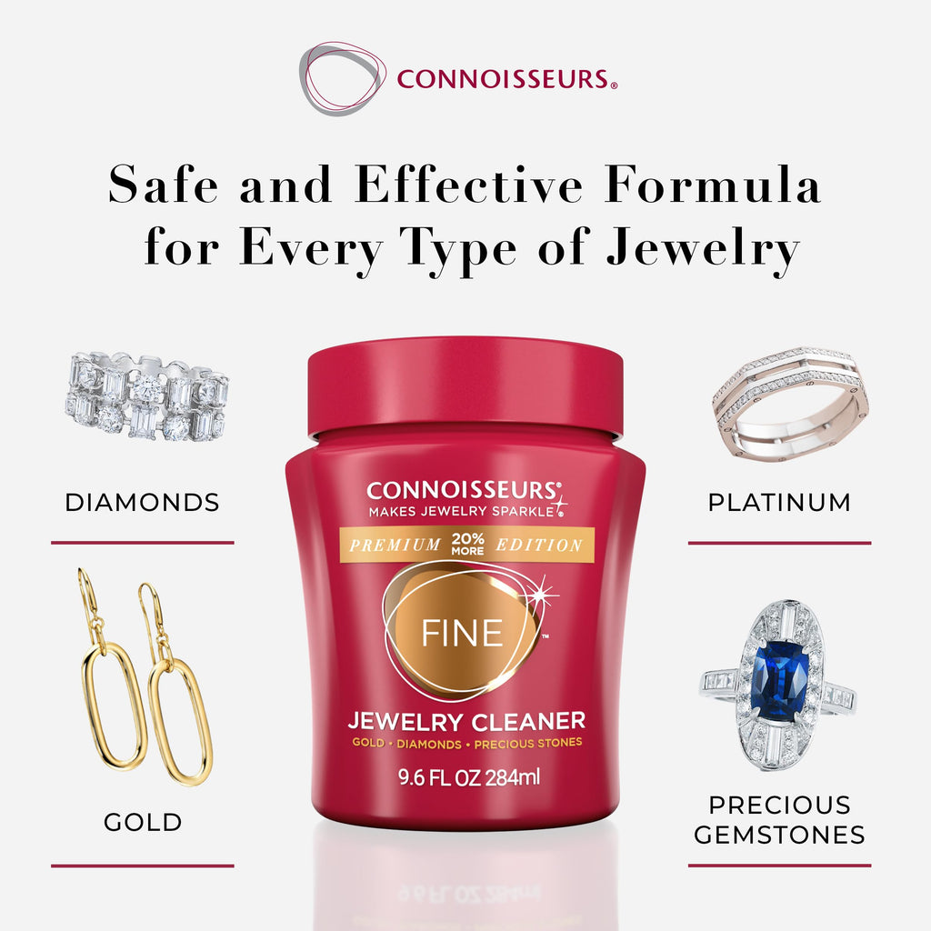 CONNOISSEURS Premium Edition Jewelry Cleaner 9.6oz, suitable for fine, silver, and delicate jewelry cleaning.