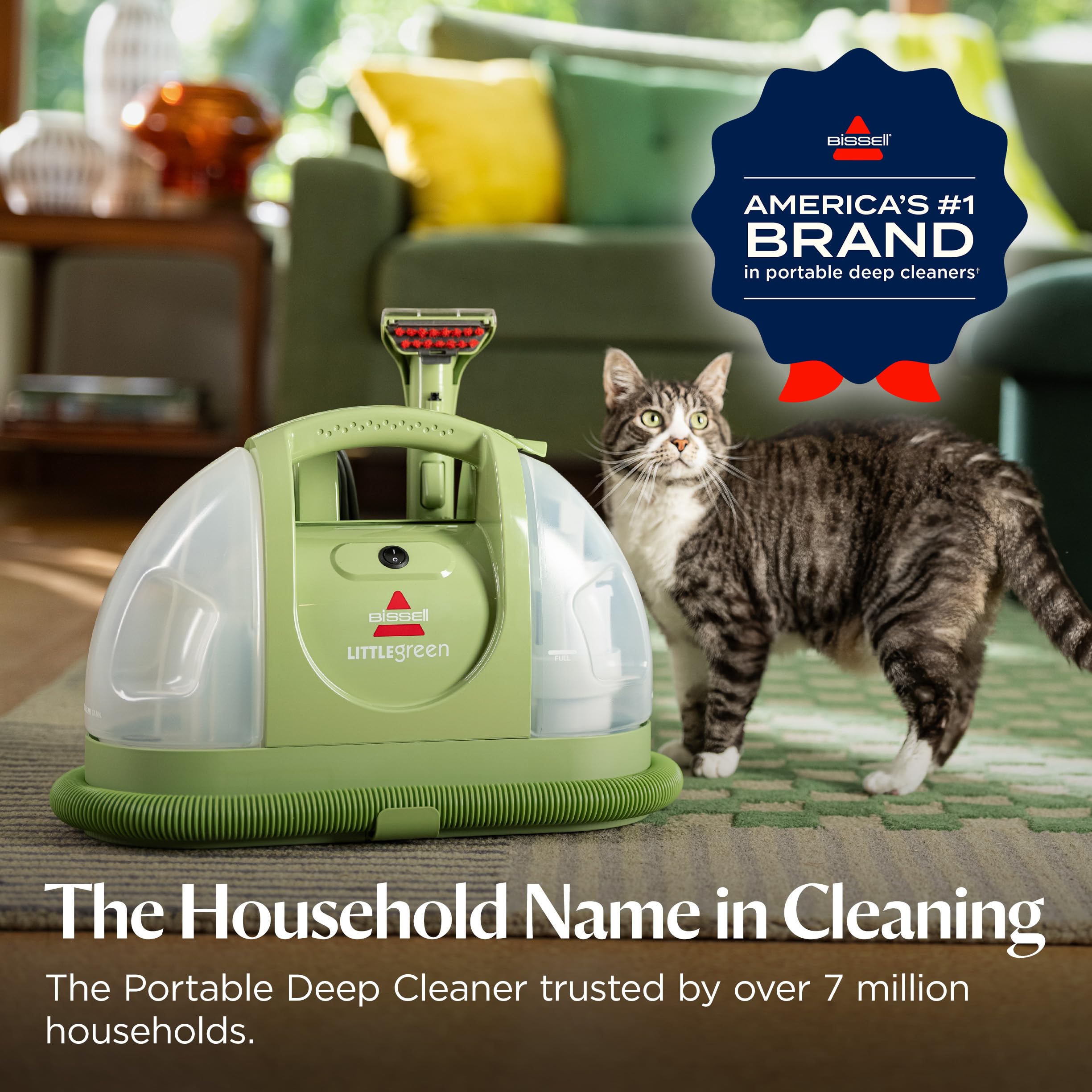 BISSELL Little Green Mini Portable Deep Cleaner in Tea Green with HydroRinse tool and 4" Tough Stain Tool for upholstery.