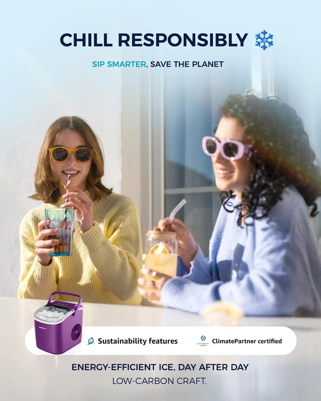 EUHOMY portable countertop ice maker in black, producing 26 lbs of ice daily, with a handle, basket, and scoop.