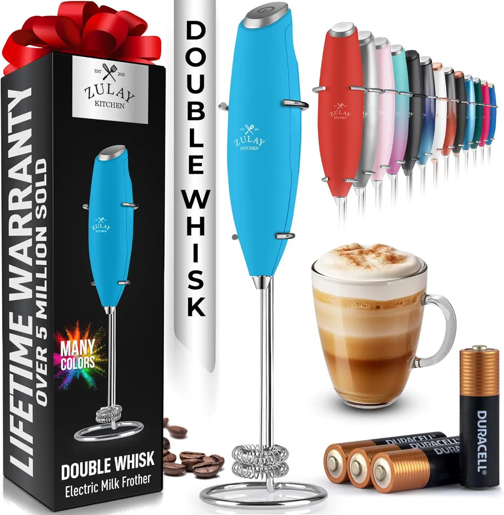 Zulay handheld milk frother in silver, featuring a titanium motor for frothing coffee, lattes, and matcha.