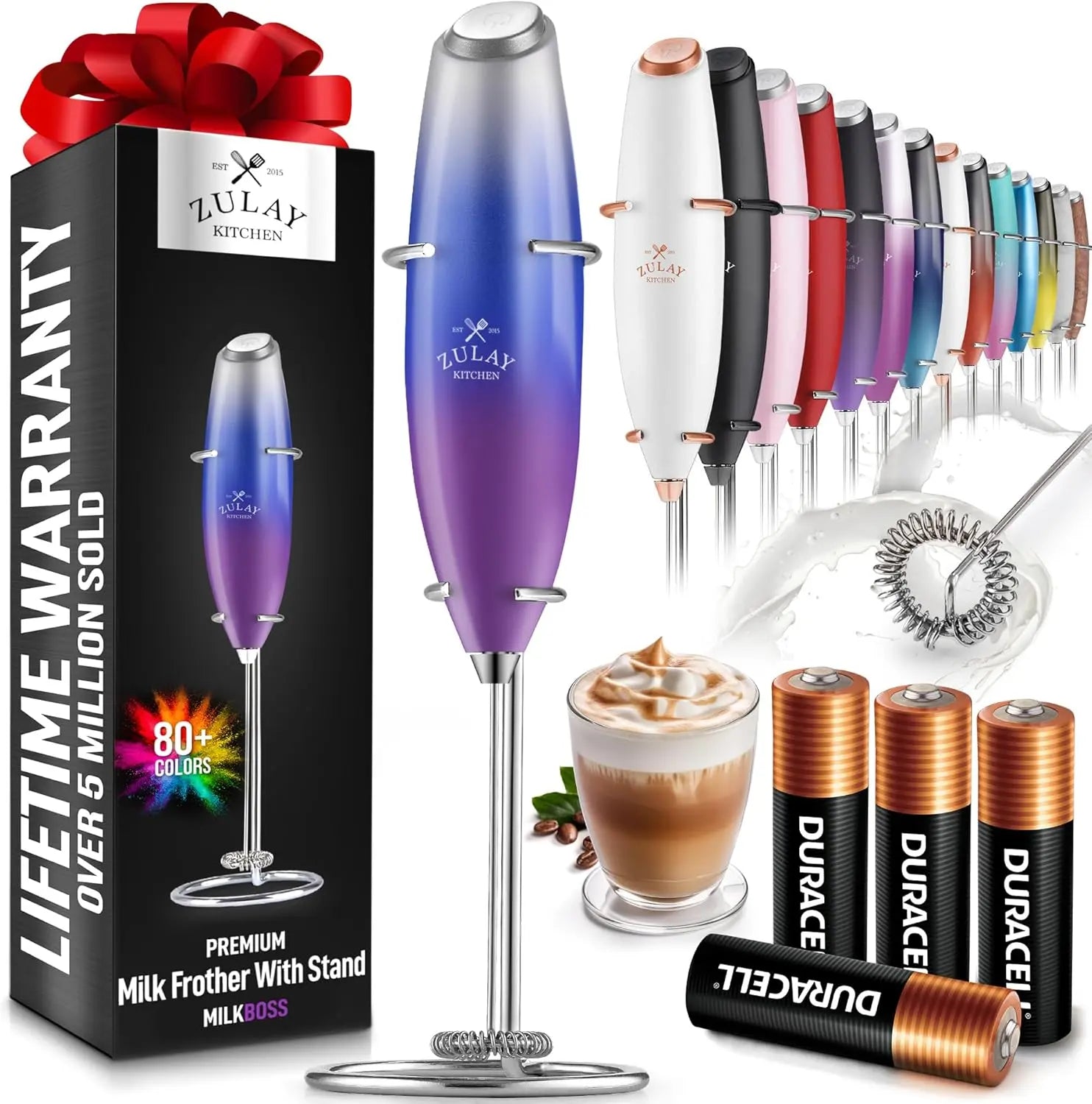 Zulay handheld milk frother in silver with upgraded titanium motor for lattes, matcha, and coffee blending.