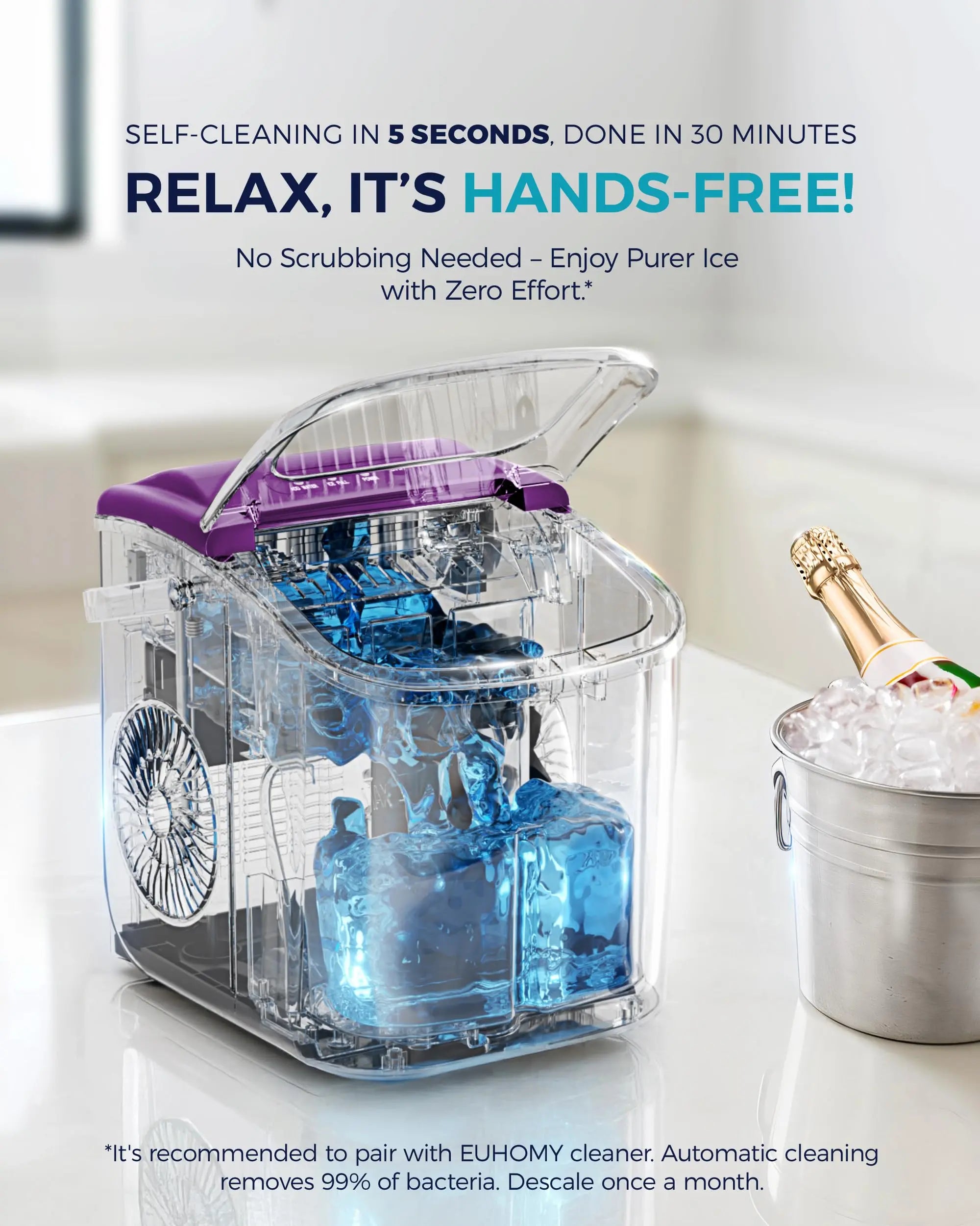 EUHOMY black countertop ice maker machine, compact design with handle, producing 26lbs of ice in 24 hours, includes basket and scoop.