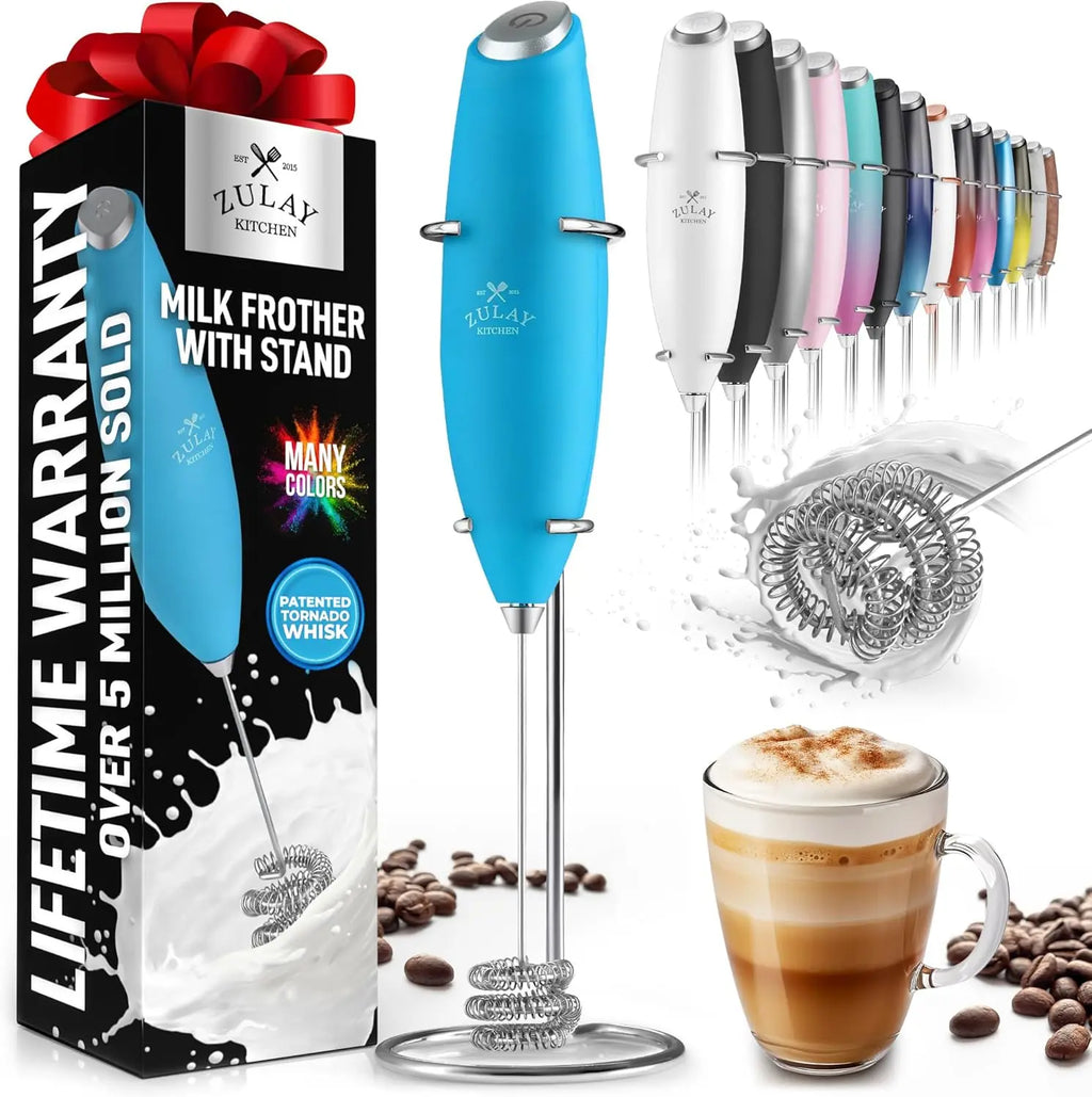 Zulay handheld milk frother in silver, featuring a powerful titanium motor for frothing coffee and making lattes.