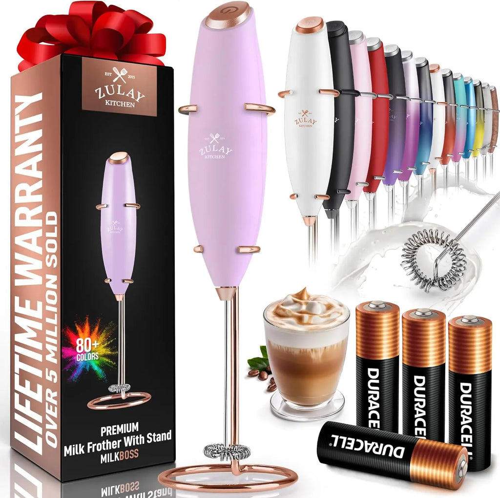 Zulay handheld milk frother in silver, featuring a titanium motor for frothing coffee, lattes, and matcha.