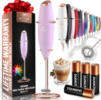 Zulay handheld milk frother in silver, featuring a titanium motor for frothing coffee, lattes, and matcha.