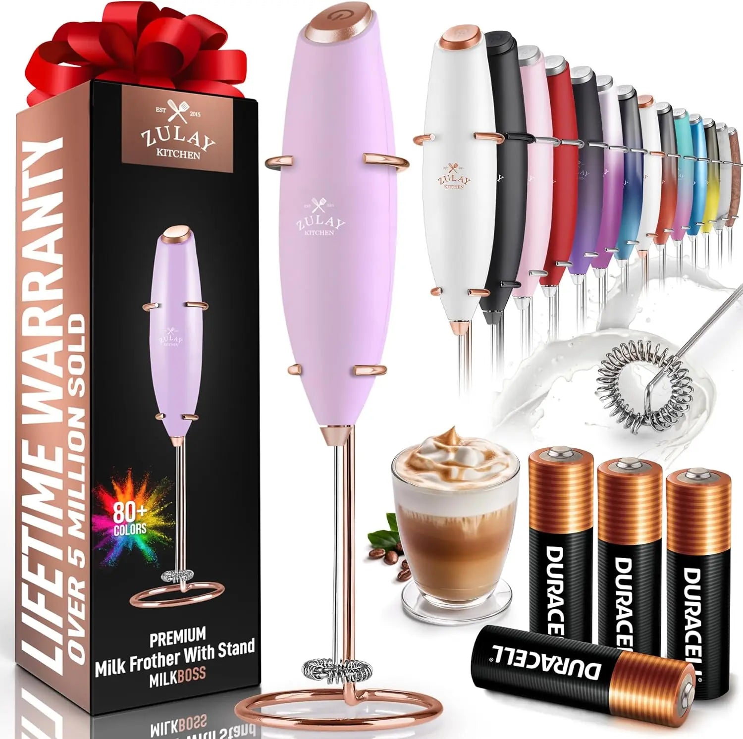 Zulay handheld milk frother in silver, featuring a titanium motor for frothing coffee, lattes, and matcha.