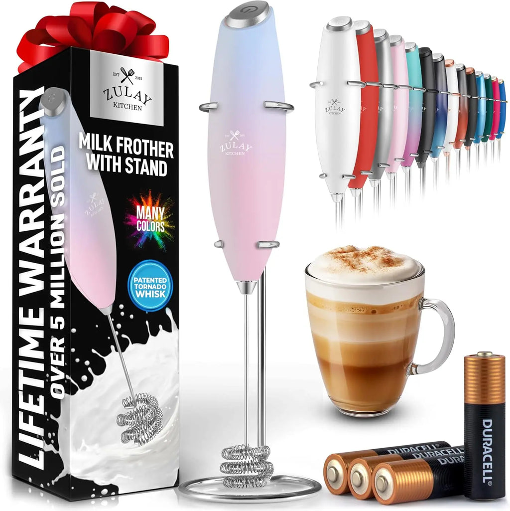 Zulay handheld milk frother in silver with upgraded titanium motor, perfect for lattes, matcha, and coffee blending.