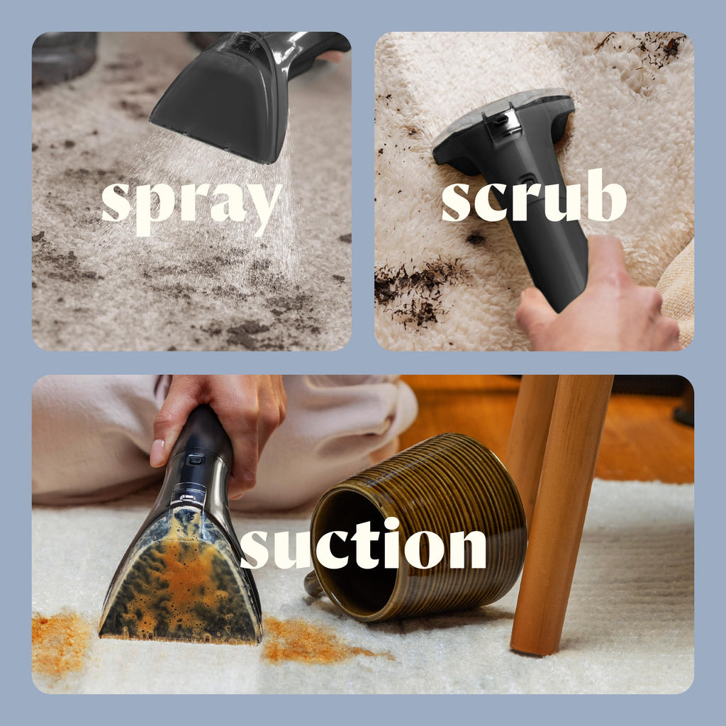 BISSELL Little Green Mini Portable Carpet Cleaner in tea green with HydroRinse tool and 4" tough stain tool on display.