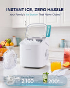 EUHOMY countertop ice maker in black, featuring a handle, basket, and scoop, producing 26lbs of ice in 24 hours.