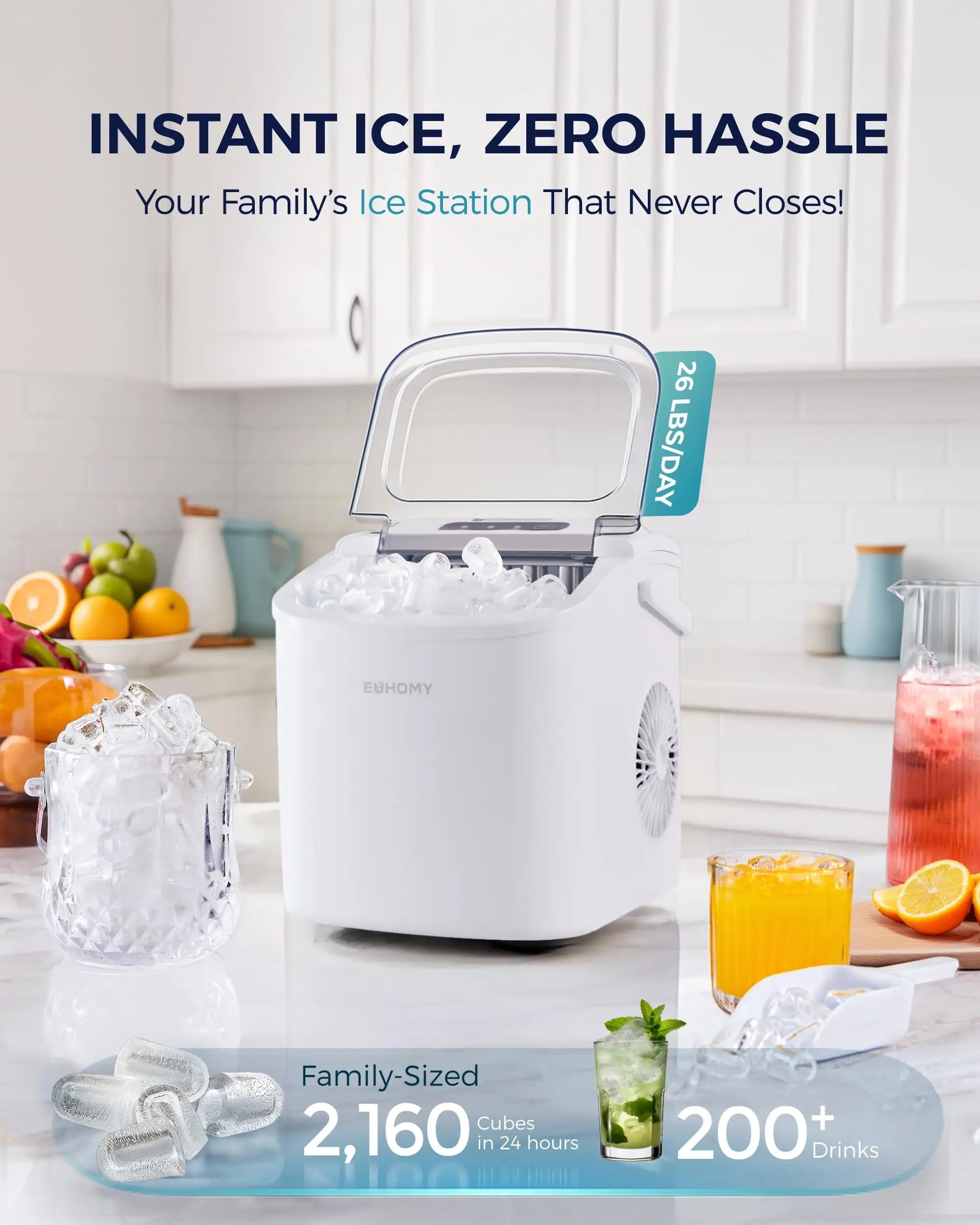 EUHOMY countertop ice maker in black, featuring a handle, basket, and scoop, producing 26lbs of ice in 24 hours.