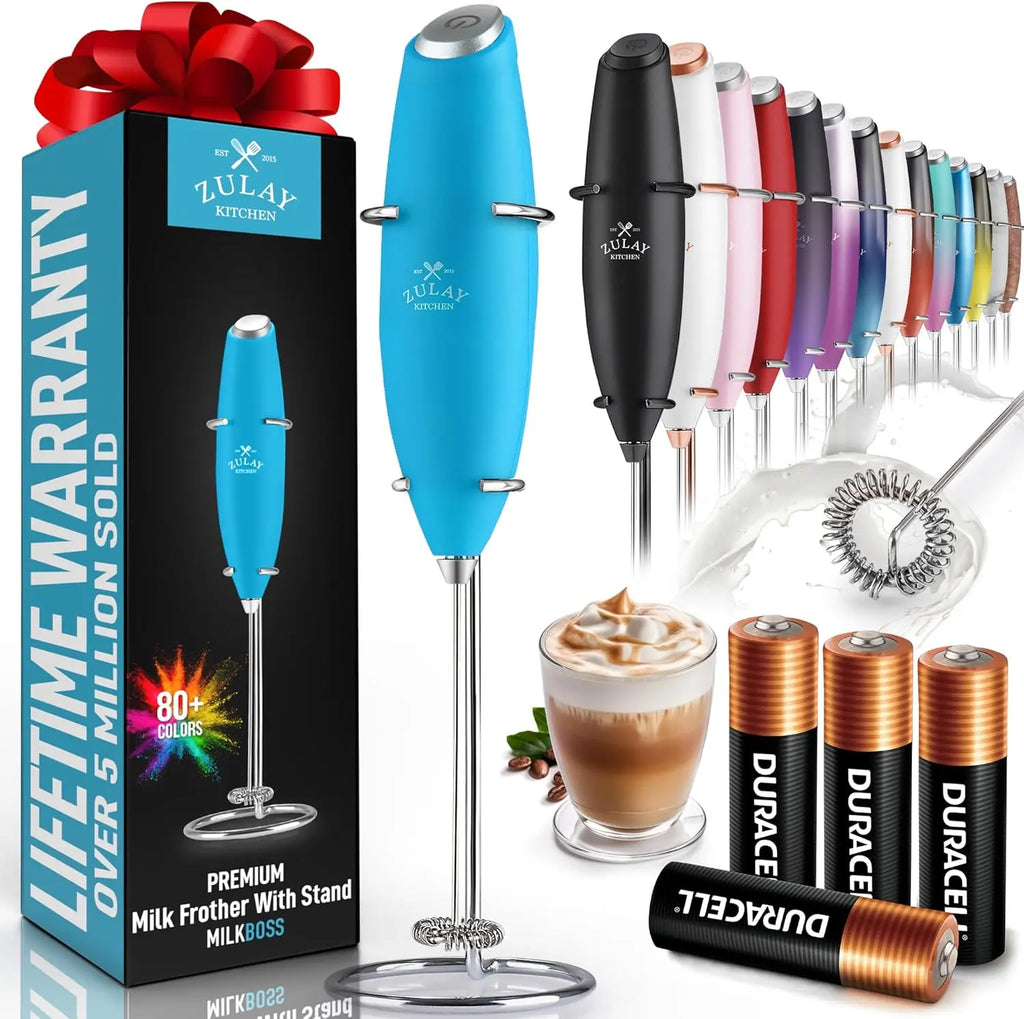 Zulay handheld milk frother in silver with upgraded titanium motor for frothing coffee, lattes, and matcha drinks.