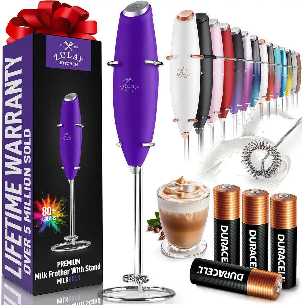 Zulay handheld milk frother in silver, featuring an upgraded titanium motor for frothing coffee, lattes, and matcha.